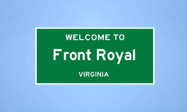 Virginia, Warren 'da bulunan Front Royal' in izole edilmiş ABD şehir sınırı işareti. Mavi arka planda ABD 'den gelen isim işareti.