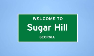 Gwinnett, Georgia 'da bulunan Sugar Hill' in izole edilmiş şehir sınırı işareti. Mavi arka planda ABD 'den gelen isim işareti.