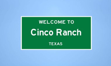 Fort Bend, Teksas 'ta bulunan Cinco Çiftliği' nin izole edilmiş ABD şehir sınırı işareti. Mavi arka planda ABD 'den gelen isim işareti.