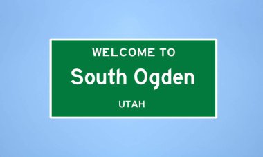 Weber County, Utah 'ta bulunan Güney Ogden' in izole edilmiş ABD şehir sınırı işareti. Mavi arka planda ABD 'den gelen isim işareti.