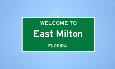 Santa Rosa, Florida 'da bulunan Doğu Milton' un izole edilmiş ABD şehir sınırı işareti. Mavi arka planda ABD 'den gelen isim işareti.