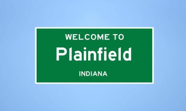 Hendricks County, Indiana 'da bulunan Plainfield' ın izole edilmiş ABD şehir sınırı işareti. Mavi arka planda ABD 'den gelen isim işareti.