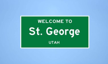 Utah, Washington 'da bulunan St. George' un izole edilmiş şehir sınırı işareti. Mavi arka planda ABD 'den gelen isim işareti.