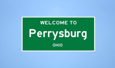 Ohio, Wood County 'de bulunan Perrysburg' un izole edilmiş ABD şehir sınırı işareti. Mavi arka planda ABD 'den gelen isim işareti.