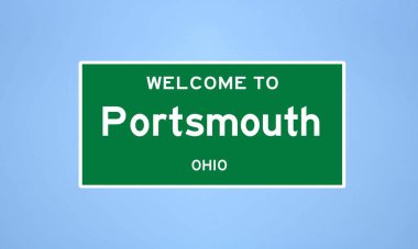 Scioto, Ohio 'da bulunan Portsmouth' un izole edilmiş ABD şehir sınırı işareti. Mavi arka planda ABD 'den gelen isim işareti.