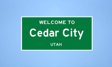 Utah, Iron County 'de bulunan Cedar City' nin izole edilmiş ABD şehir sınırı işareti. Mavi arka planda ABD 'den gelen isim işareti.