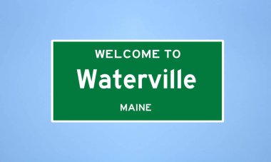 Maine, Kennebec 'de bulunan Waterville' in izole edilmiş ABD şehir sınırı işareti. Mavi arka planda ABD 'den gelen isim işareti.