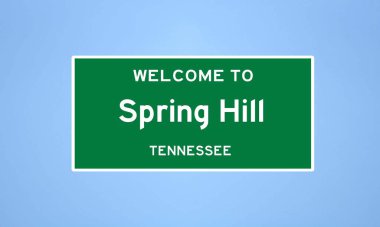 Spring Hill, Maury County, Tennessee 'deki ıssız ABD şehir sınırı işareti. Mavi arka planda ABD 'den gelen isim işareti.