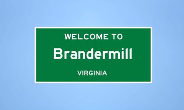 Birleşik Devletler şehir sınırı işareti, Brandermill, Chesterfield County, Virginia. Mavi arka planda ABD 'den gelen isim işareti.