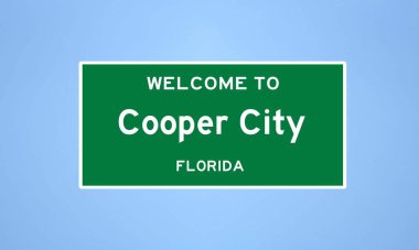 Cooper City 'nin izole edilmiş şehir sınırı işareti, Broward County, Florida' da. Mavi arka planda ABD 'den gelen isim işareti.