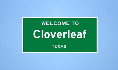 Teksas 'ın Harris ilçesinde bulunan Cloverleaf' in izole edilmiş ABD şehir sınırı işareti. Mavi arka planda ABD 'den gelen isim işareti.
