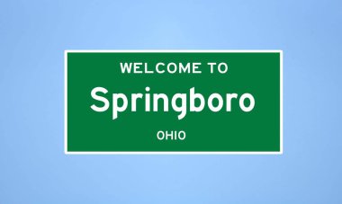 Springboro 'nun ıssız ABD şehir sınırı işareti, Warren County, Ohio' da. Mavi arka planda ABD 'den gelen isim işareti.