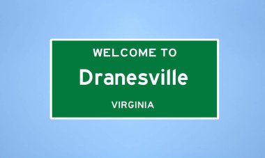 Fairfax, Virginia 'da bulunan Dranesville' in izole edilmiş ABD şehir sınırı işareti. Mavi arka planda ABD 'den gelen isim işareti.