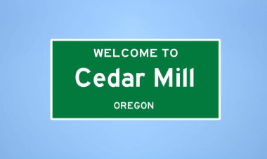 Washington, Oregon 'da bulunan Cedar Mill' in izole edilmiş ABD şehir sınırı işareti. Mavi arka planda ABD 'den gelen isim işareti.