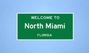 Miami-Dade, Florida 'da bulunan Kuzey Miami' nin izole edilmiş ABD şehir sınırı işareti. Mavi arka planda ABD 'den gelen isim işareti.