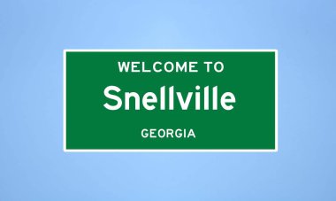 Gwinnett, Georgia 'da bulunan Snellville' in izole edilmiş ABD şehir sınırı işareti. Mavi arka planda ABD 'den gelen isim işareti.
