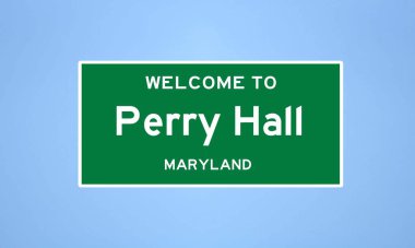 Baltimore, Maryland 'de bulunan Perry Hall' un izole edilmiş şehir sınırı işareti. Mavi arka planda ABD 'den gelen isim işareti.