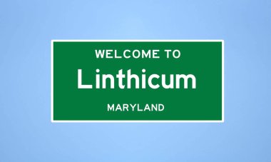 Maryland, Anne Arundel 'de bulunan Linthicum' un izole edilmiş ABD şehir sınırı işareti. Mavi arka planda ABD 'den gelen isim işareti.