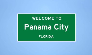 Florida, Bay County 'de bulunan Panama City' nin izole edilmiş şehir sınırı işareti. Mavi arka planda ABD 'den gelen isim işareti.