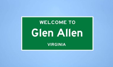 Virginia Henrico 'da Glen Allen' ın izole edilmiş şehir sınırı işareti. Mavi arka planda ABD 'den gelen isim işareti.