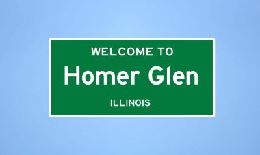 Illinois, Will County 'de bulunan Homer Glen' in izole edilmiş şehir sınırı işareti. Mavi arka planda ABD 'den gelen isim işareti.