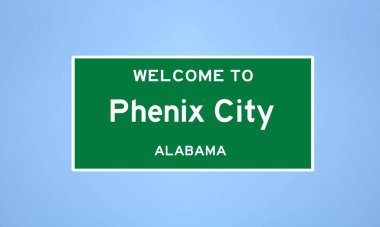 Russell County, Alabama 'da bulunan Phenix City' nin izole edilmiş ABD şehir sınırı işareti. Mavi arka planda ABD 'den gelen isim işareti.