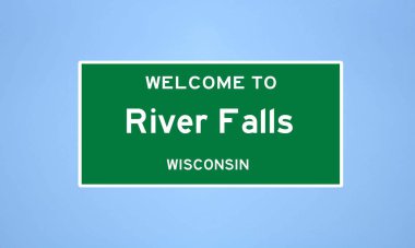Pierce County, Wisconsin 'de bulunan River Falls' un izole edilmiş şehir sınırı işareti. Mavi arka planda ABD 'den gelen isim işareti.