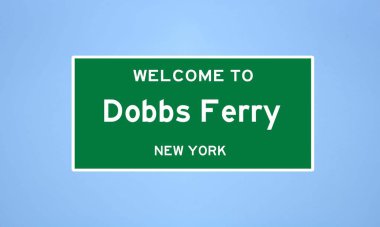 Westchester, New York 'ta bulunan Dobbs Ferry' nin izole edilmiş ABD şehir sınırı işareti. Mavi arka planda ABD 'den gelen isim işareti.