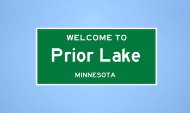 Scott County, Minnesota 'da bulunan Prior Lake' in izole edilmiş ABD şehir sınırı işareti. Mavi arka planda ABD 'den gelen isim işareti.