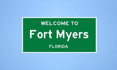 Lee County, Florida 'da bulunan Fort Myers' ın izole edilmiş şehir sınırı işareti. Mavi arka planda ABD 'den gelen isim işareti.