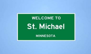 Wright County, Minnesota 'da bulunan St. Michael' ın izole edilmiş şehir sınırı işareti. Mavi arka planda ABD 'den gelen isim işareti.