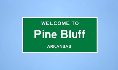 Jefferson County, Arkansas 'ta bulunan Pine Bluff' un izole edilmiş ABD şehir sınırı işareti. Mavi arka planda ABD 'den gelen isim işareti.