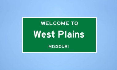 Howell County, Missouri 'deki West Plains' in izole edilmiş ABD şehir sınırı işareti. Mavi arka planda ABD 'den gelen isim işareti.