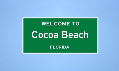 Brevard County, Florida 'da bulunan Cocoa Beach' in izole edilmiş ABD şehir sınırı işareti. Mavi arka planda ABD 'den gelen isim işareti.