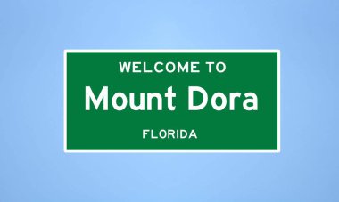 Florida, Lake County 'de bulunan Dora Dağı' nın izole edilmiş ABD şehir sınırı işareti. Mavi arka planda ABD 'den gelen isim işareti.