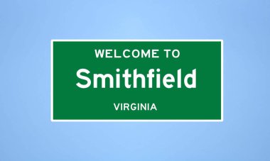 Virginia, Wight Adası 'nda bulunan Smithfield' in izole edilmiş ABD şehir sınırı işareti. Mavi arka planda ABD 'den gelen isim işareti.