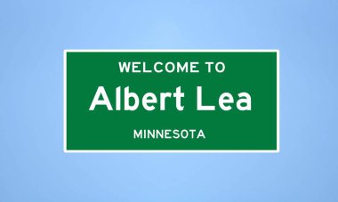 Minnesota 'da bulunan Albert Lea' nın izole edilmiş şehir sınırı işareti. Mavi arka planda ABD 'den gelen isim işareti.