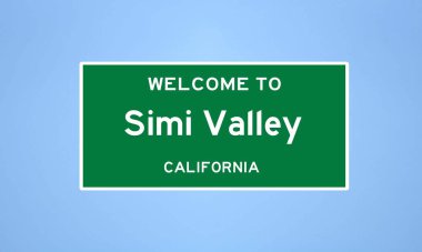 Kaliforniya, Ventura 'da bulunan Simi Vadisi' nin izole edilmiş ABD şehir sınırı işareti. Mavi arka planda ABD 'den gelen isim işareti.