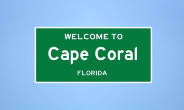 Lee County, Florida 'da bulunan Cape Coral' ın izole edilmiş ABD şehir sınırı işareti. Mavi arka planda ABD 'den gelen isim işareti.