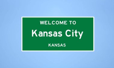 Kansas City 'nin ıssız ABD şehir sınırı işareti, Wyandotte County, Kansas' ta. Mavi arka planda ABD 'den gelen isim işareti.