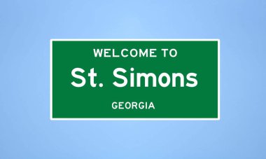Glynn County, Georgia 'da bulunan St. Simons' un izole edilmiş şehir sınırı işareti. Mavi arka planda ABD 'den gelen isim işareti.