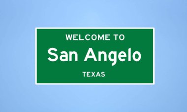 San Angelo 'nun izole edilmiş şehir sınırı işareti, Tom Green County, Teksas' ta. Mavi arka planda ABD 'den gelen isim işareti.