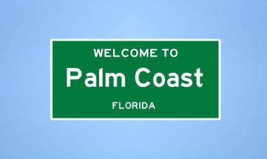 Florida 'nın Flagler ilçesinde bulunan Palm Coast' un izole edilmiş ABD şehir sınırı işareti. Mavi arka planda ABD 'den gelen isim işareti.