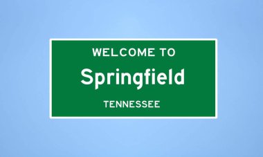 Robertson County, Tennessee 'de bulunan Springfield' ın izole edilmiş ABD şehir sınırı işareti. Mavi arka planda ABD 'den gelen isim işareti.