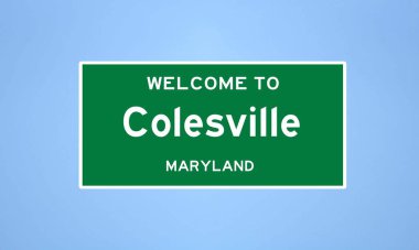 Montgomery County, Maryland 'de bulunan Colesville' in izole edilmiş ABD şehir sınırı işareti. Mavi arka planda ABD 'den gelen isim işareti.