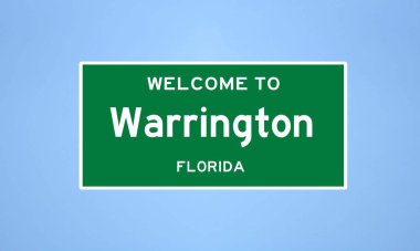 Florida, Escambia 'da bulunan Warrington' ın izole edilmiş ABD şehir sınırı işareti. Mavi arka planda ABD 'den gelen isim işareti.