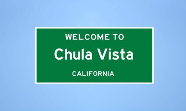 San Diego, Kaliforniya 'da bulunan Chula Vista' nın izole edilmiş ABD şehir sınırı işareti. Mavi arka planda ABD 'den gelen isim işareti.