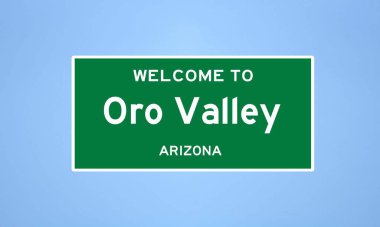 Arizona, Pima 'da bulunan Oro Vadisi' nin izole edilmiş ABD şehir sınırı işareti. Mavi arka planda ABD 'den gelen isim işareti.
