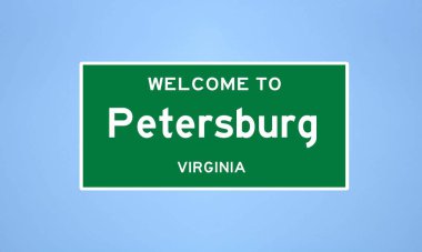 Petersburg, Virginia 'da bulunan izole edilmiş ABD şehir sınırı işareti. Mavi arka planda ABD 'den gelen isim işareti.