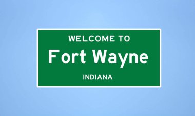 Fort Wayne 'in ıssız ABD şehir sınırı işareti, Allen County, Indiana' da. Mavi arka planda ABD 'den gelen isim işareti.